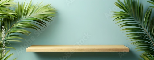 Empty Wooden Shelf with Tropical Green Palm Leaves on Minimalist Studio Background