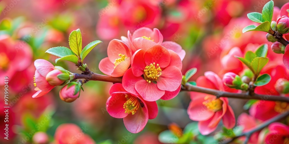 Obraz premium Close-up of vibrant Flower Japanese Quince in full bloom, Flower, Japanese, Quince, Chaenomeles, speciosa, Laganaria, Cydonia