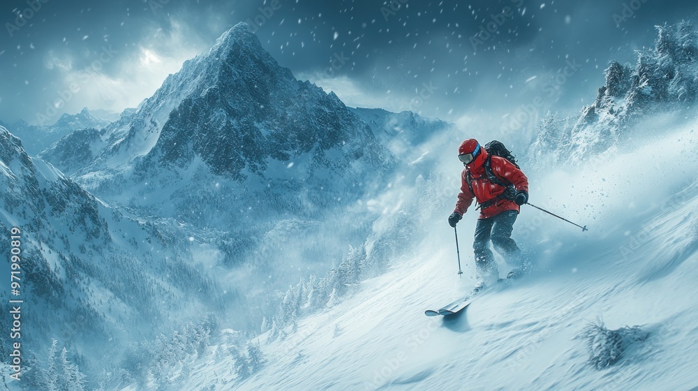 Skier navigating a snowy mountain landscape during a winter storm. Skier navigating a snowy mountain landscape during a winter storm.