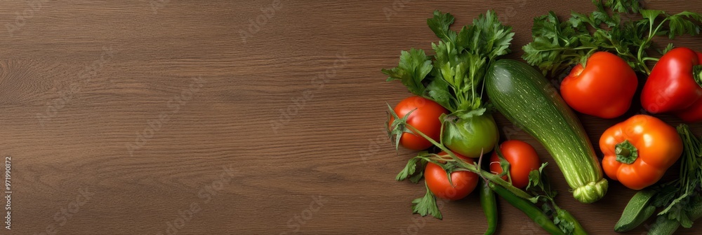 A vibrant assortment of fresh vegetables, including tomatoes, zucchini, bell peppers, and parsley, arranged on a rustic wooden surface. This image symbolizes health, freshness, and the bounty of natur A vibrant assortment of fresh vegetables, including tomatoes, zucchini, bell peppers, and parsley, arranged on a rustic wooden surface. This image symbolizes health, freshness, and the bounty of natur