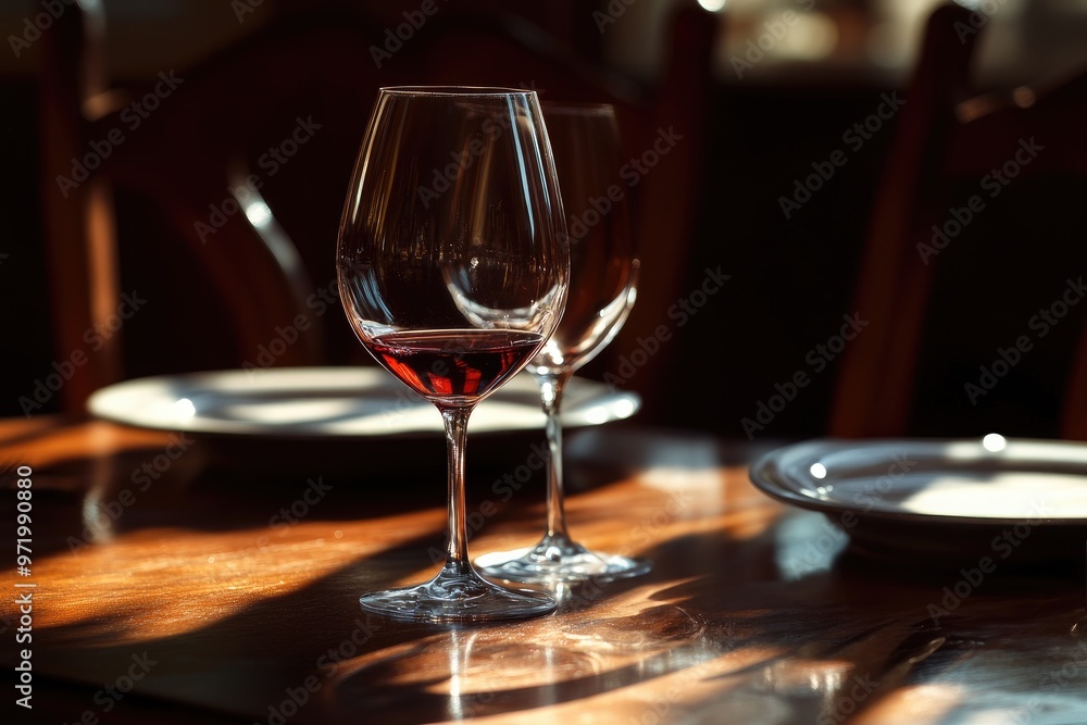 Two Wine Glasses on a Wooden Table in Dim Light Two Wine Glasses on a Wooden Table in Dim Light