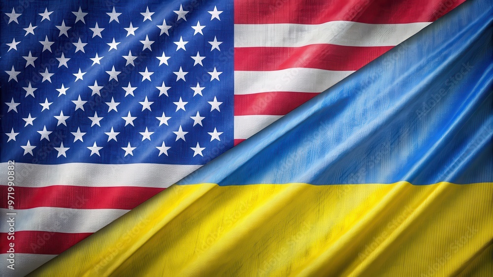 US and Ukrainian flags blended together in a single picture , patriotism, unity, international relations, diplomacy US and Ukrainian flags blended together in a single picture , patriotism, unity, international relations, diplomacy