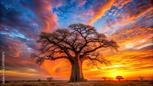 Fototapeta Naklejka Na Ścianę i Meble -  Majestic baobab tree silhouetted against a vibrant sunset sky, baobab, tree, silhouette, sunset, sky, nature, majestic