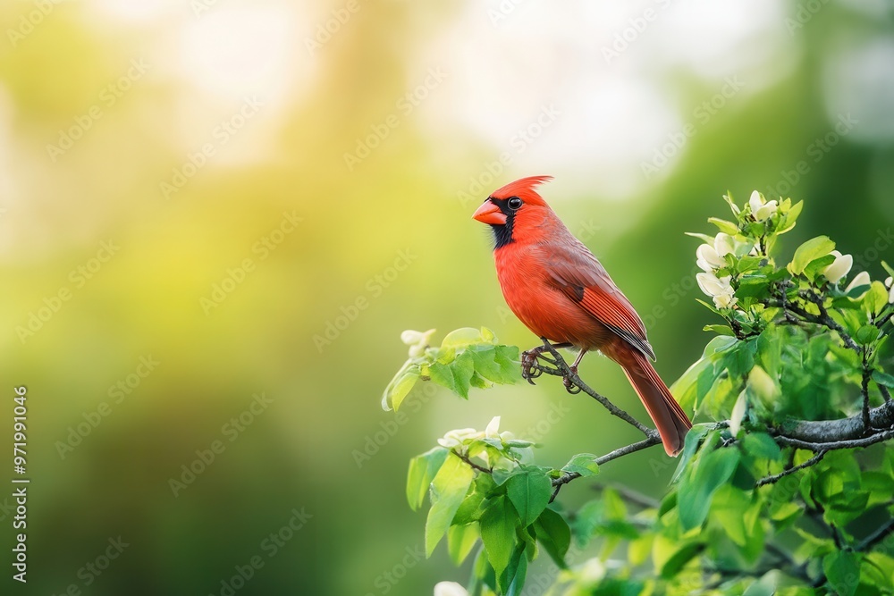 A vibrant red cardinal perched on a branch, surrounded by fresh green leaves in a serene natural setting. A vibrant red cardinal perched on a branch, surrounded by fresh green leaves in a serene natural setting.
