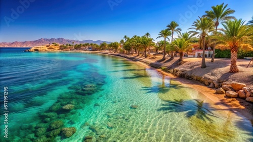 Sandy beach with crystal blue waters and palm trees in Sharm El Sheikh, Egypt, Sinai, Red Sea