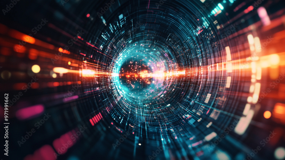 Obraz premium Vibrant digital tunnel illustrating a futuristic journey through time and space in motion