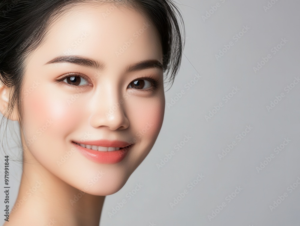 Portrait of a smiling woman with glowing skin and captivating eyes, exuding beauty and confidence against a neutral background. Portrait of a smiling woman with glowing skin and captivating eyes, exuding beauty and confidence against a neutral background.