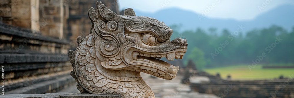Fototapeta premium A weathered stone dragon sculpture, intricately carved with scales and a fierce expression, stands guard at the entrance of an ancient temple. The temple ruins stretch out behind it, and a distant mou