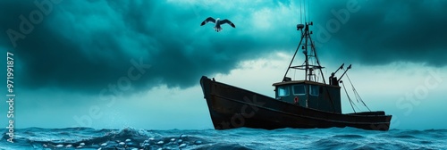 A weathered trawler boat sails through rough waters under a stormy sky, a single seagull flying overhead. The image evokes a sense of resilience, perseverance, and the power of nature. photo