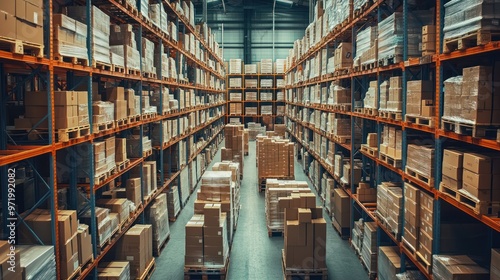 Wallpaper Mural Warehouse filled with boxes and pallets, a large product storage space in e-commerce. Warehouse is a place for receiving, temporary storage and inventory of parts, materials and goods. Torontodigital.ca