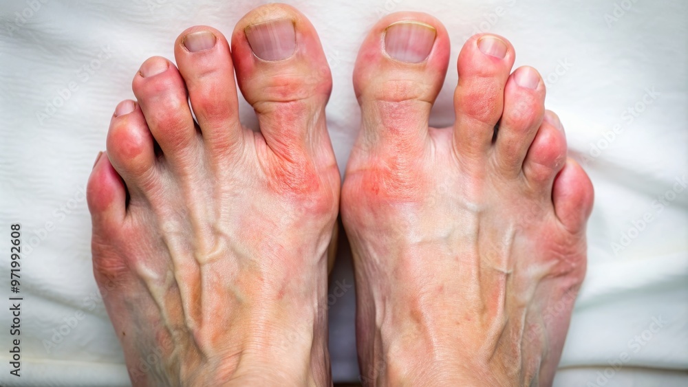 Close up of inflamed, painful hallux valgus (bunions) on feet , Hallux valgus, bunions, foot pain Close up of inflamed, painful hallux valgus (bunions) on feet , Hallux valgus, bunions, foot pain