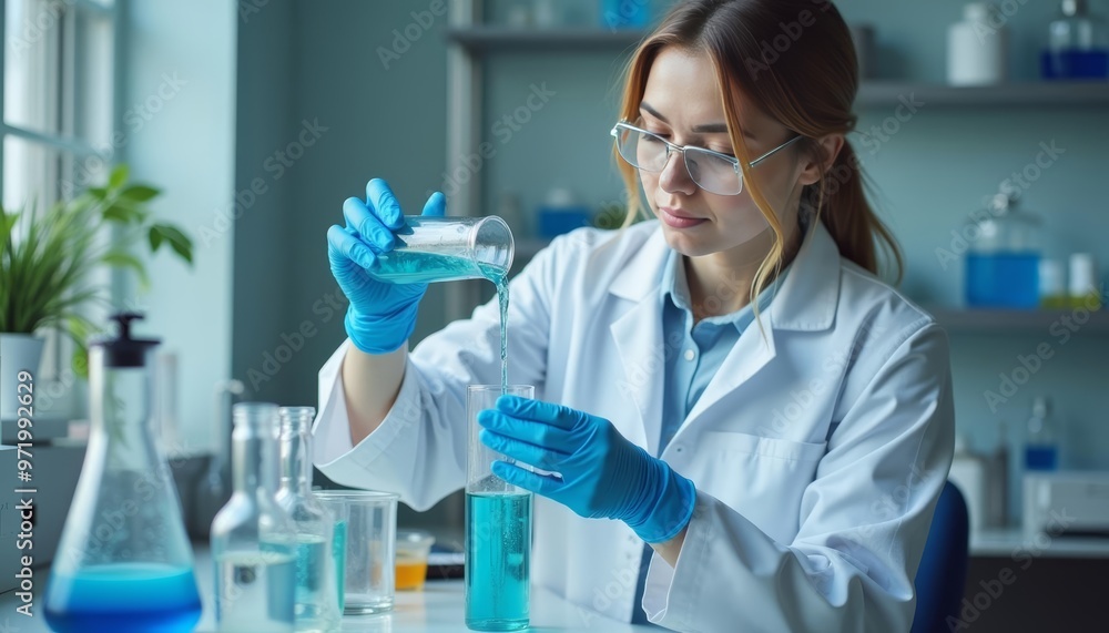 Focused scientist conducting a precise chemical experiment Focused scientist conducting a precise chemical experiment