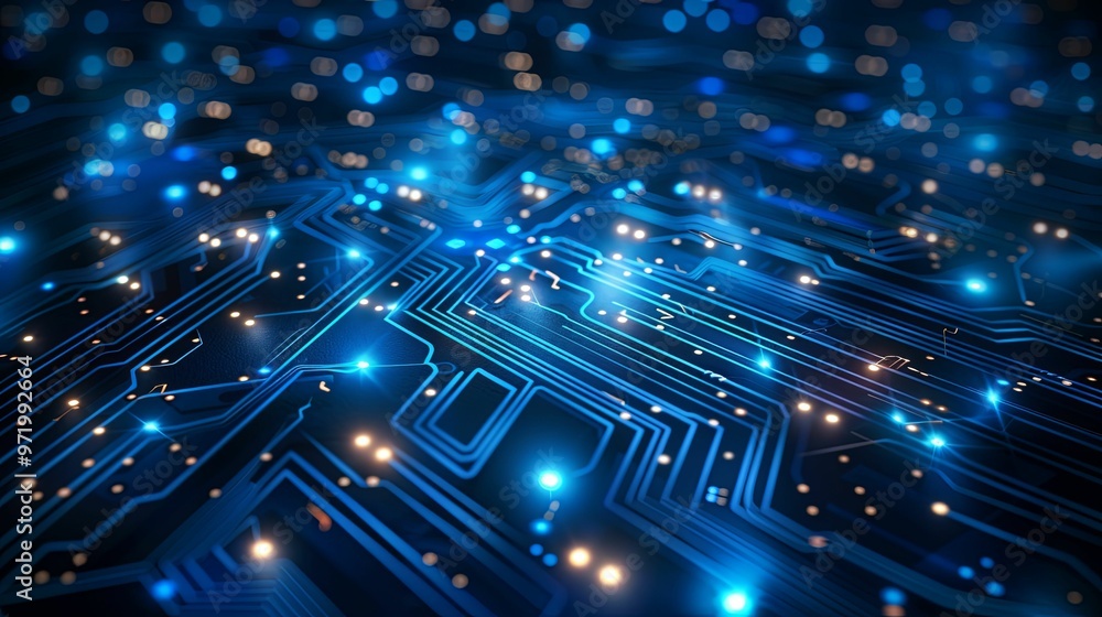 Abstract Blue Circuit Board with Glowing Lights Abstract Blue Circuit Board with Glowing Lights