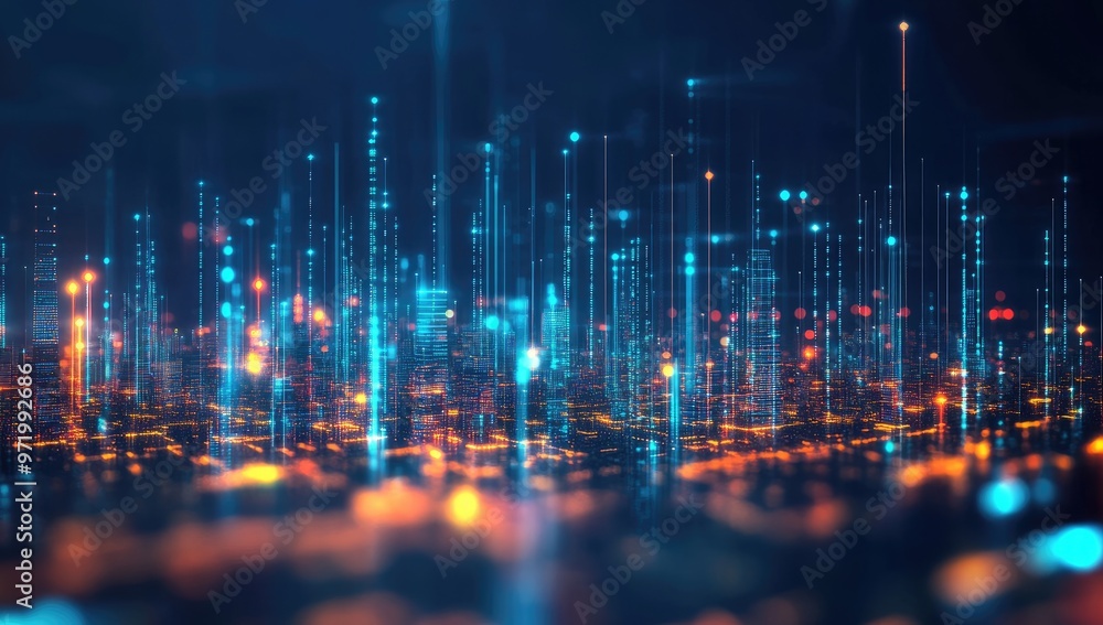 Abstract cityscape with glowing lines and dots, representing a digital world or futuristic city. Abstract cityscape with glowing lines and dots, representing a digital world or futuristic city.