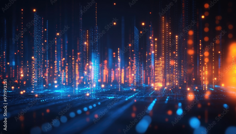 Abstract futuristic city skyline with glowing lights and digital data. Abstract futuristic city skyline with glowing lights and digital data.