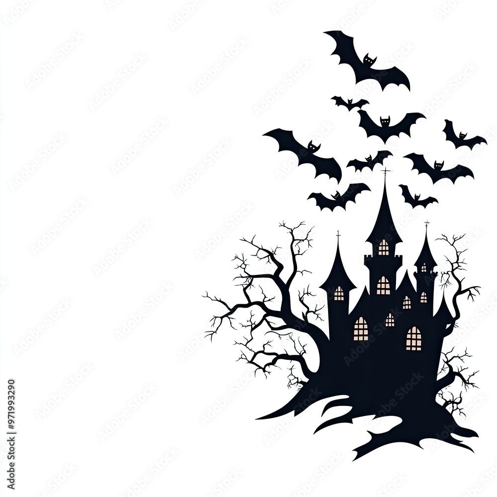 A spooky silhouette of a haunted castle with bats, perfect for Halloween-themed designs or decor. A spooky silhouette of a haunted castle with bats, perfect for Halloween-themed designs or decor.
