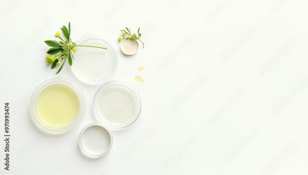 Organic skincare ingredients in small containers Organic skincare ingredients in small containers
