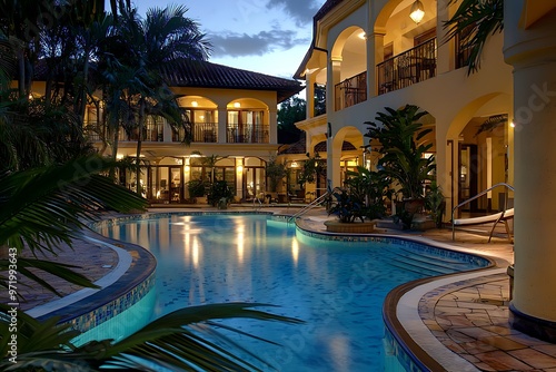 Lavish hotel pool area at night, enhanced by ambient lighting, creating a serene ambiance. photo