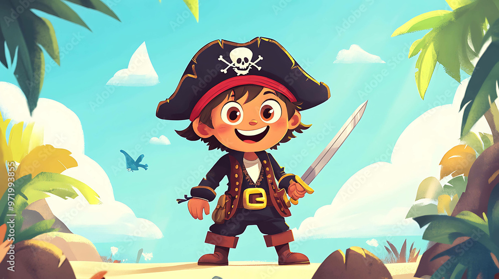Fototapeta premium A happy cartoon pirate with a sword stands on a tropical island.