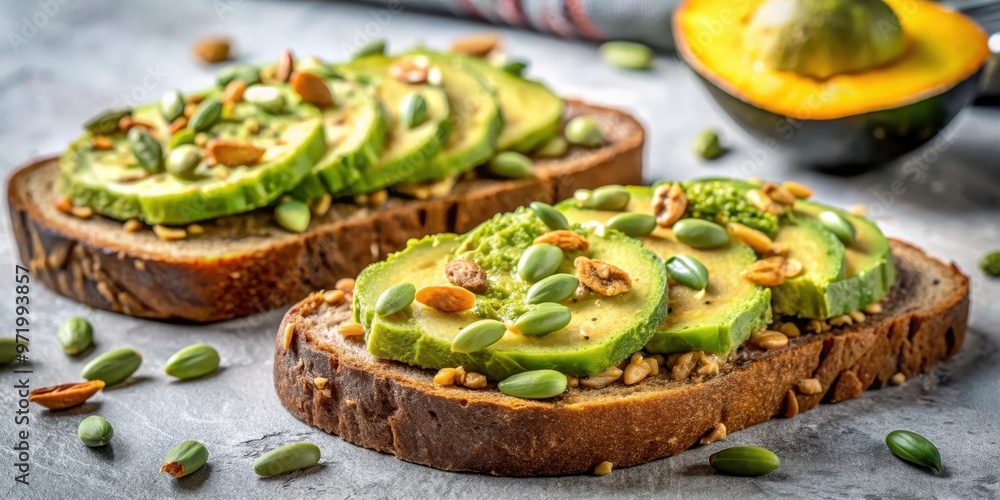 Healthy avocado toast with pumpkin seeds on rye bread for a vegan breakfast , avocado, sandwich, pumpkin seeds, rye bread Healthy avocado toast with pumpkin seeds on rye bread for a vegan breakfast , avocado, sandwich, pumpkin seeds, rye bread
