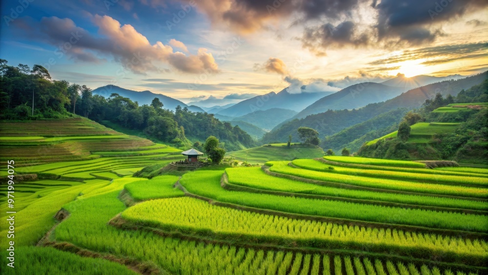 Fototapeta premium Beautiful view of green rice paddy fields landscape, green, rice paddy, fields, landscape, beautiful, natural