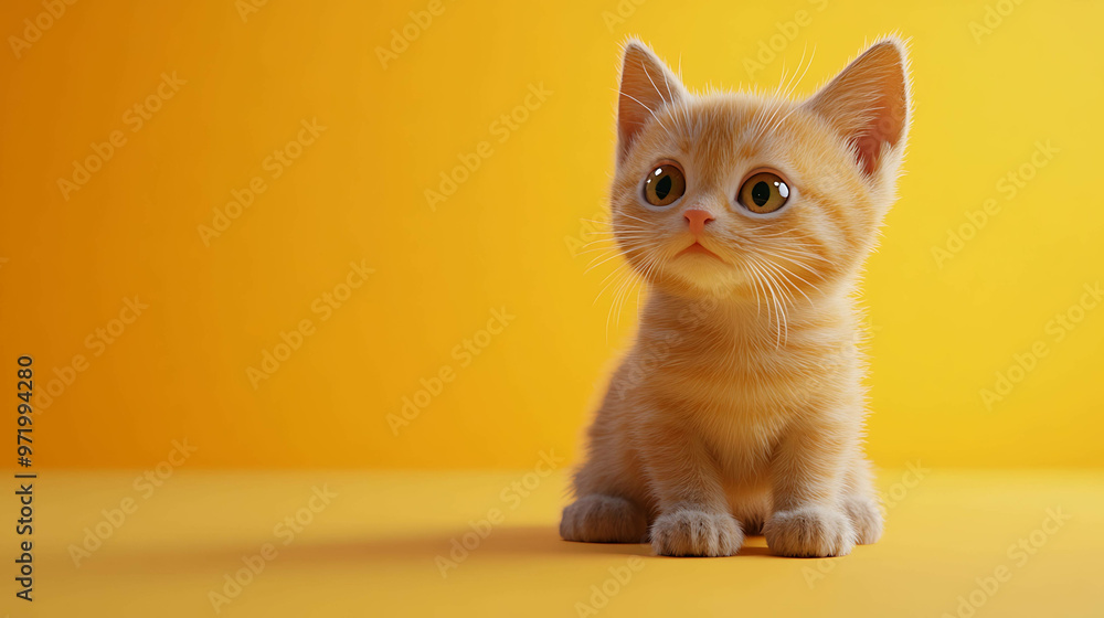 Cute orange kitten sitting on yellow background. Cute orange kitten sitting on yellow background.