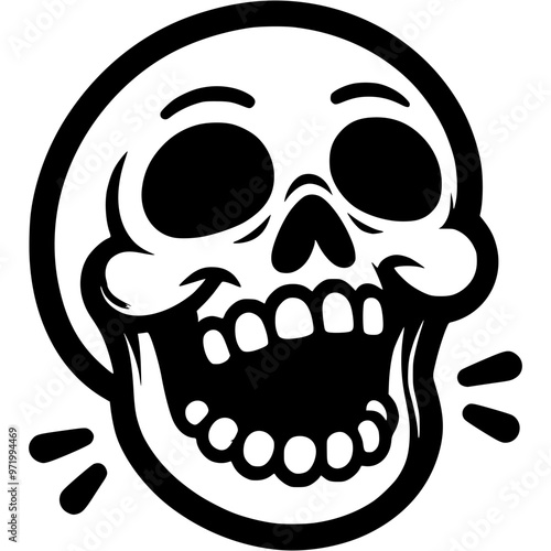 Mummy human skull laughs cheerfully in monochrome. Simple minimalistic vector in black ink drawing on transparent background