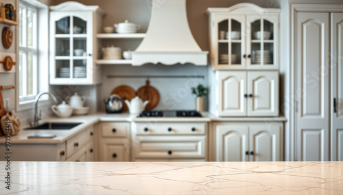 Empty White marble table with Blurred Kitchen Background