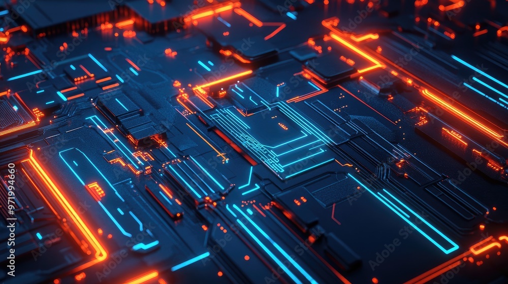Abstract 3D rendering of a circuit board with glowing neon lines. Abstract 3D rendering of a circuit board with glowing neon lines.