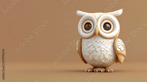 A cartoon owl with big eyes stands on a brown background. photo