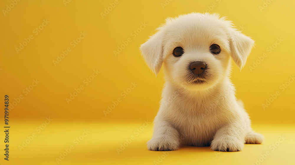 A cute white puppy sits on a yellow background, looking at the camera. A cute white puppy sits on a yellow background, looking at the camera.