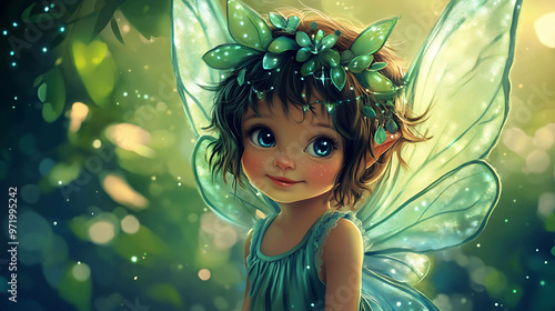 Cute fairy with green wings and a flower crown smiles in a magical forest. #971995242