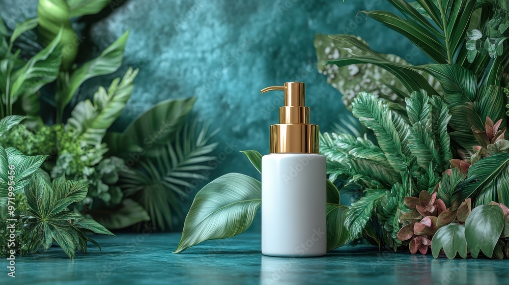 white cosmetic bottle with golden dispenser cap blank mockup isolate on blue backgroun beauty product presentation with colorful tropical leaves white cosmetic bottle with golden dispenser cap blank mockup isolate on blue backgroun beauty product presentation with colorful tropical leaves