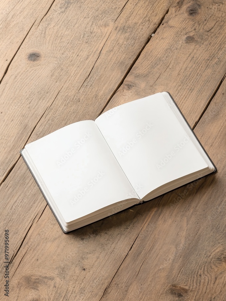 Fototapeta premium An open notebook lies on a rustic wooden background, symbolizing new beginnings, creativity, ideas, knowledge, and potential.