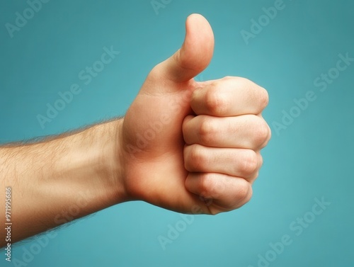 A close-up of a hand giving a thumbs up gesture against a blue background, symbolizing approval and positivity. photo