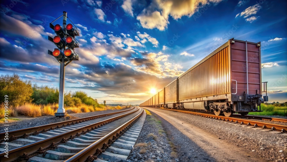 Obraz premium Wide angle view of freight train passing at railroad grade crossing with signal , freight train, passing