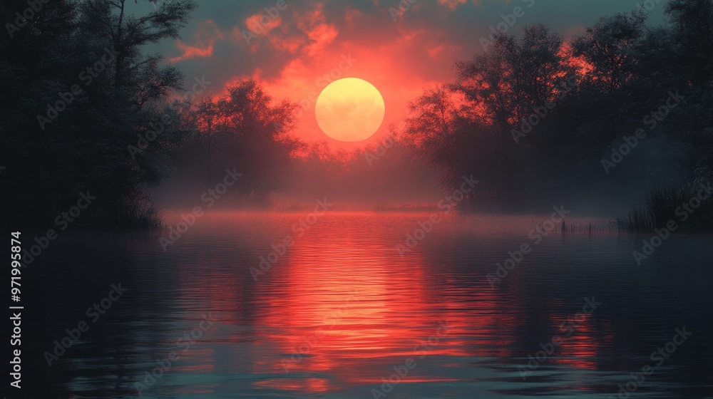 Fototapeta premium Serene Sunset Over Misty Lake with Red Sky Reflection Generative AI