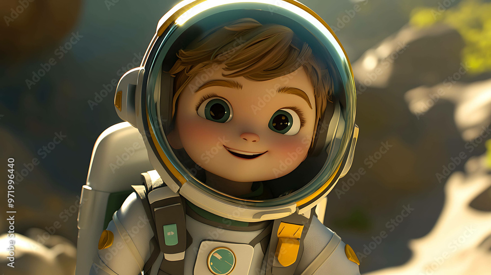 A young boy astronaut smiles while wearing a white and yellow space suit. A young boy astronaut smiles while wearing a white and yellow space suit.