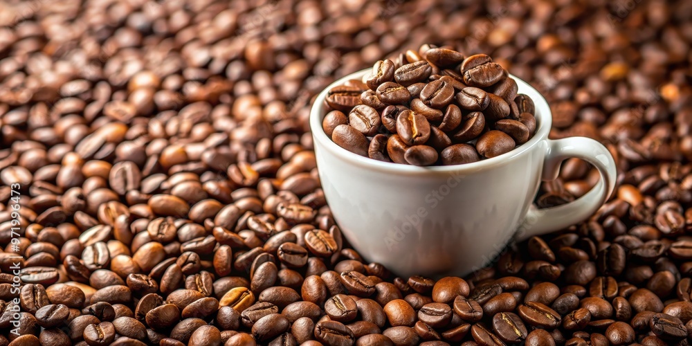 A close-up shot of freshly roasted coffee beans scattered around a white ceramic cup, coffee, beans, roasted, close-up, mug A close-up shot of freshly roasted coffee beans scattered around a white ceramic cup, coffee, beans, roasted, close-up, mug