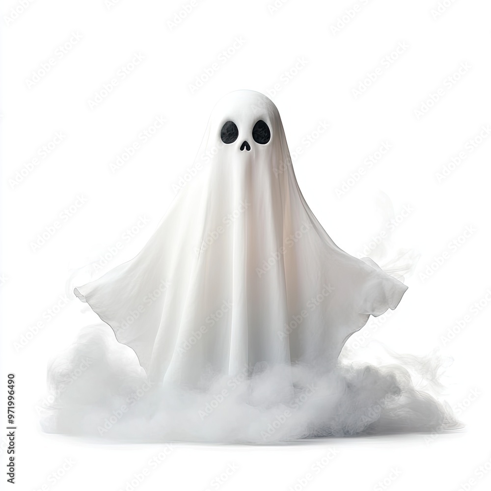 A whimsical ghost figure rising from clouds, perfect for Halloween themes and spooky decor. A whimsical ghost figure rising from clouds, perfect for Halloween themes and spooky decor.