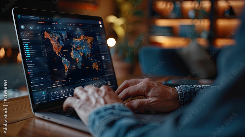 Person using a laptop with a world map on the screen Person using a laptop with a world map on the screen
