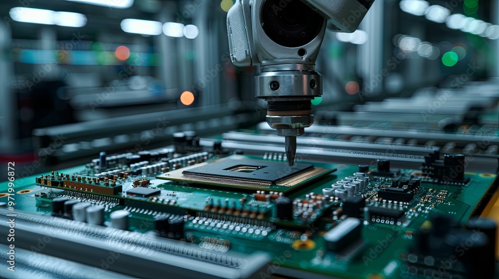 Robotic Arm Assembling a Circuit Board in a Factory Setting Robotic Arm Assembling a Circuit Board in a Factory Setting