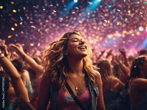 Concert crowd with colorful stage lights and confetti