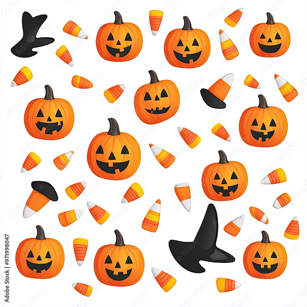Fototapeta premium Colorful Halloween pattern featuring pumpkins, candies, and witch hats, perfect for festive decorations and party invitations.