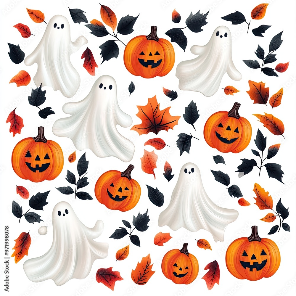 Colorful Halloween pattern with playful ghosts, pumpkins, and autumn leaves creating a festive seasonal vibe. Colorful Halloween pattern with playful ghosts, pumpkins, and autumn leaves creating a festive seasonal vibe.