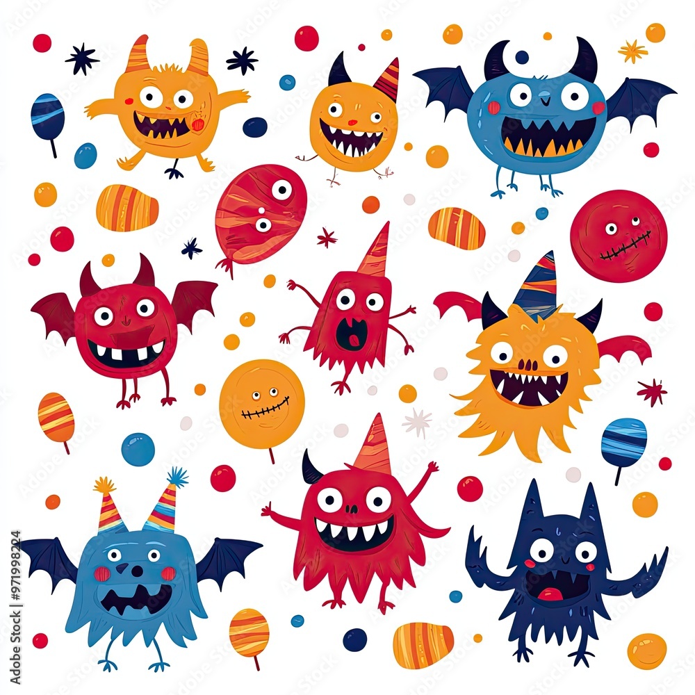 Colorful, fun monsters with various expressions and festive accessories, perfect for children's parties and Halloween decorations. Colorful, fun monsters with various expressions and festive accessories, perfect for children's parties and Halloween decorations.