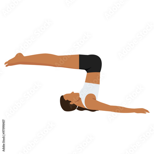 Young woman doing Unsupported Shoulderstand Pose Variation Prep or Niralamba Sarvangasana Variation Prep. Flat vector illustration isolated on white background