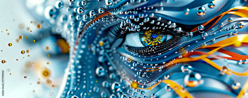 A close up of a woman's eye with a blue background. The eye is surrounded by a lot of small, shiny, colorful beads. The eye is the main focus of the image, and the beads add a sense of depth A close up of a woman's eye with a blue background. The eye is surrounded by a lot of small, shiny, colorful beads. The eye is the main focus of the image, and the beads add a sense of depth