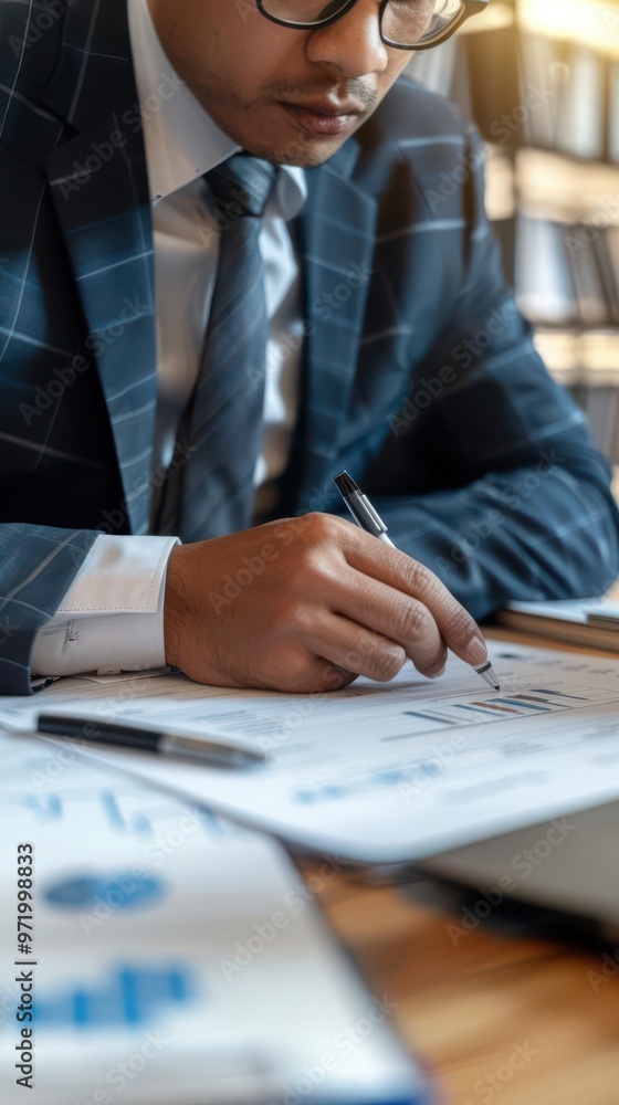 Businessman in suit reviewing financial documents at desk with graphs and charts, representing office work and financial analysis. Businessman in suit reviewing financial documents at desk with graphs and charts, representing office work and financial analysis.