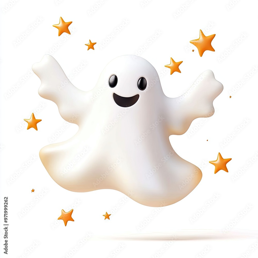Playful cartoon ghost with a smiling face, surrounded by cheerful stars. Perfect for Halloween or festive themes. Playful cartoon ghost with a smiling face, surrounded by cheerful stars. Perfect for Halloween or festive themes.